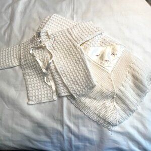 Vintage baby christening knitted sweater & blanket matching outfit